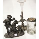 A late 19thC cast spelter figure group, a silver plated epergne (lacking three trumpets) and a