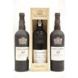 Three bottles of Taylor's Port: 2 x 10 year Tawny 75cl and Vargellas vintage 2001 in wood case 75cl.
