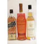 Three bottles of whisky, Old Harry malt whisky, Johnnie Walker Black Label and Glenmorangie. P&P