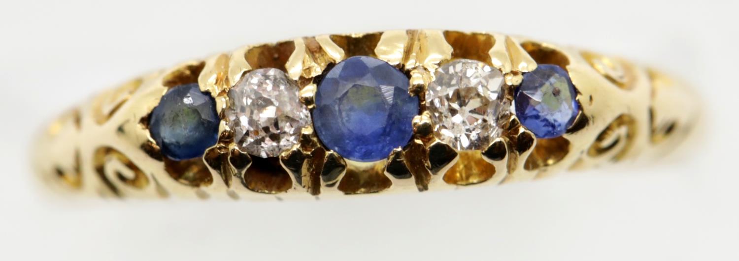 Antique 18ct yellow gold, sapphire and diamond ring, size M, 2.7g. P&P Group 1 (£14+VAT for the