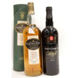 Bottle of Taylor's select port and Glengoyne 10 year old single highland malt whisky in card