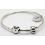Genuine Pandora silver bangle stamped A.L.E with heart Pandora charm. P&P Group 1 (£14+VAT for the
