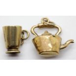 Two yellow gold 1970s charms, a kettle and a tankard, 1.3g. P&P Group 1 (£14+VAT for the first lot