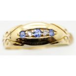 Antique ornate 18ct gold, sapphire and diamond ring, size P, 3.2g. P&P Group 1 (£14+VAT for the