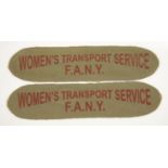 Two Women's Transport Service F.A.N.Y fabric shoulder badges, L: 12 cm. P&P Group 1 (£14+VAT for the