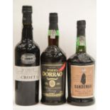 Three bottles of mixed Port: Sandeman Tawny Port 75cl, Calem white Port 75cl and Porto Dorrao