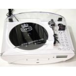 White GPO Jive Music Centre ? 3 speed turntable, CD/MP3/USB player, FM Radio with remote control.