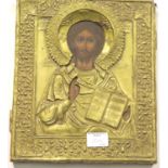 Russian brass bound icon, 26 x 31 cm. P&P Group 2 (£18+VAT for the first lot and £2+VAT for