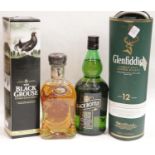 Bottle of Cardhu gold reserve 70cl, bottle of Black Bottle blended scotch whisky 70cl, Glenfiddich