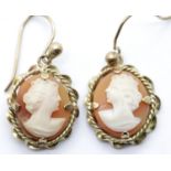 Pair of 9ct yellow gold 1970s vintage cameo drop earrings, L: 18 mm, 3.1g. P&P Group 1 (£14+VAT