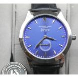 New boxed Anthony James gents blue faced wristwatch on a leather strap. P&P Group 1 (£14+VAT for the