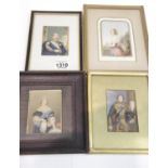 Four framed hand coloured prints including Queen Victoria and Prince Albert, 10 x 7 cm. P&P Group