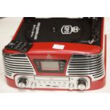 Red GPO Retro Memphis Music Centre ? 3 speed turntable, MP3/USB player, FM Radio with remote