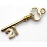 9ct gold 1970s solid key charm, L: 25 mm, 1.4g. P&P Group 1 (£14+VAT for the first lot and £1+VAT