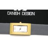 Danish Design ladies rectangular wristwatch with yellow metal bezel quartz movement and original