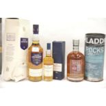 Bottle of 12 year old Lochnagar 70cl, Bruichladdich Rocks unpeated Islay single malt scotch whisky