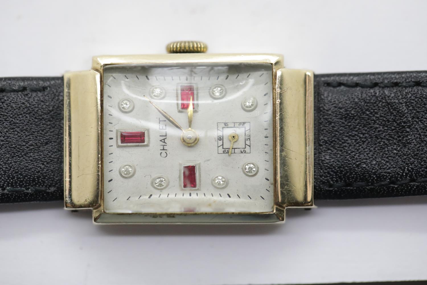 14ct gold Chalet wristwatch set with semi precious stones on a leather strap P&P Group 1 (£14+VAT - Image 3 of 3