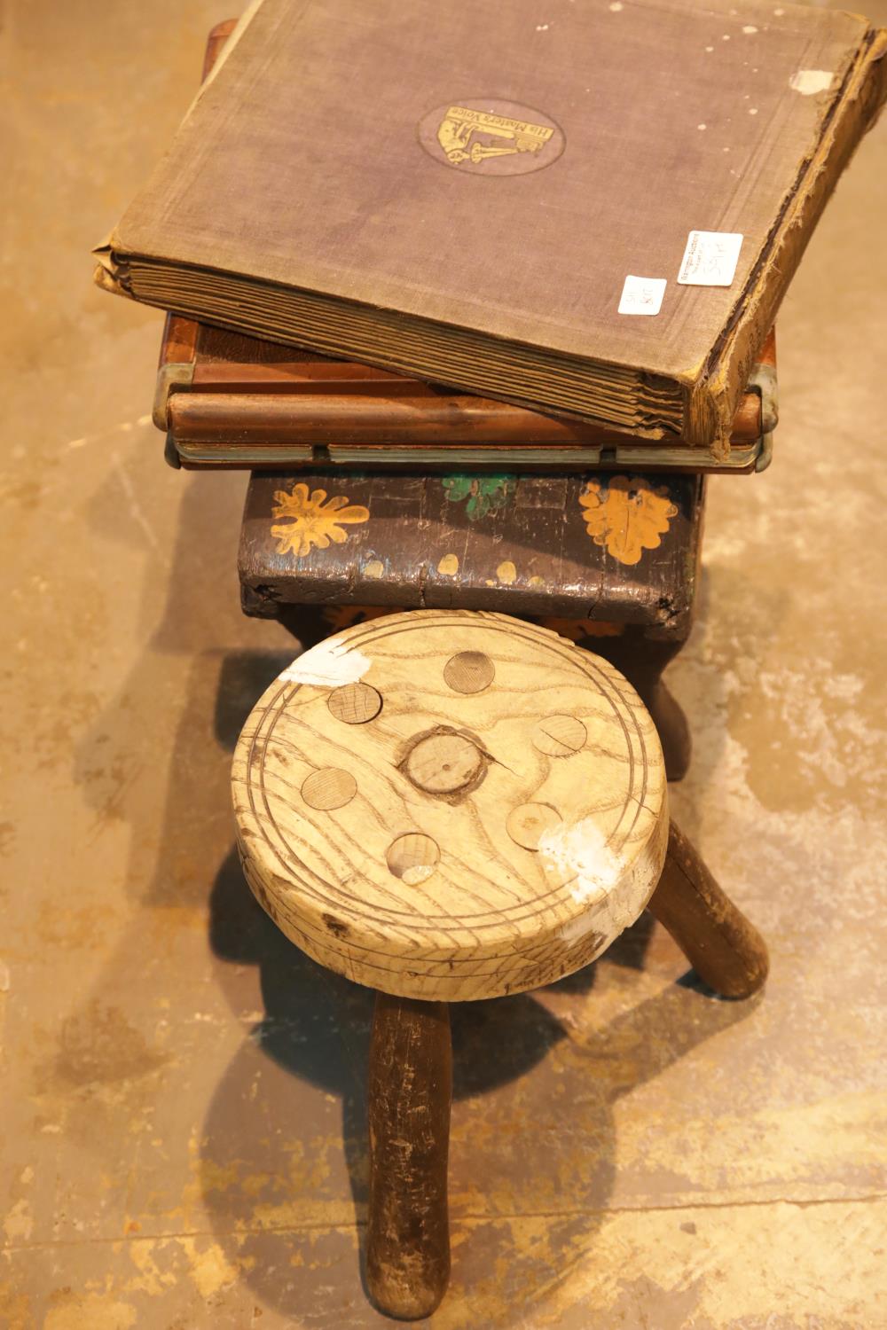 Collection of stools and 78 RPM record albums. This lot is not available for in-house P&P, please