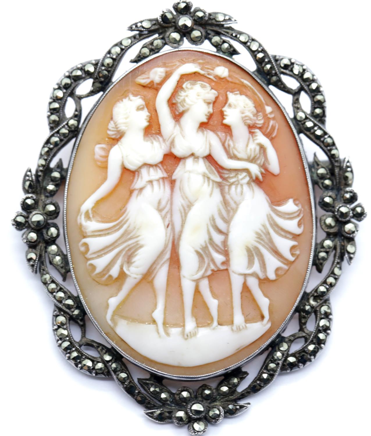 Antique ornate marcasite oval cameo brooch, L: 55 mm. P&P Group 1 (£14+VAT for the first lot and £