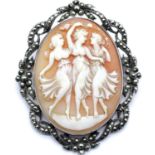 Antique ornate marcasite oval cameo brooch, L: 55 mm. P&P Group 1 (£14+VAT for the first lot and £