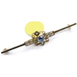 Antique 9ct rose gold, sapphire and seed pearl ornate brooch, L: 50 mm, 2.2g. P&P Group 1 (£14+VAT