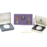 USA 1985 proof set, sacred proof 1980 Queen Mother crown and a hallmarked silver proof Charles &