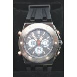 New boxed Michael Philippe black faced multi dial metal wristwatch on a black rubber strap. P&P