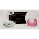 Three paperweights, Jerpoint Irish art glass, Rosenthal heart and a 1934 Mersey Tunnel example. P&