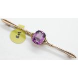 Antique 9ct rose gold, large amethyst brooch, L: 65mm, 2.7g. P&P Group 1 (£14+VAT for the first