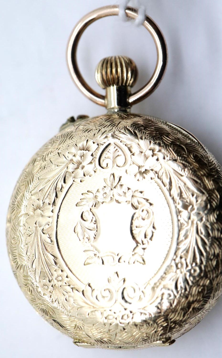 14ct yellow gold ladies fob watch inscribed name to inner cover un marked cartouche. D: 25 mm. - Image 4 of 6