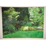 Watercolour of a Maghull garden by J Meeson, 36 x 27 cm. P&P Group 2, will be sent without