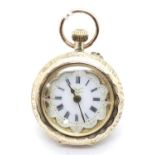 14ct yellow gold ladies fob watch inscribed name to inner cover un marked cartouche. D: 25 mm.