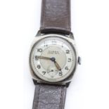 Hallmarked silver Buren tank wristwatch with ICI atributation to C E Brooks 1953 on leather strap.