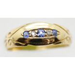 Antique ornate 18ct gold, sapphire and diamond ring, size P, 3.2g. P&P Group 1 (£14+VAT for the