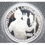 Cook Islands Stanley and Livingstone silver $50 coin. P&P Group 1 (£14+VAT for the first lot and £