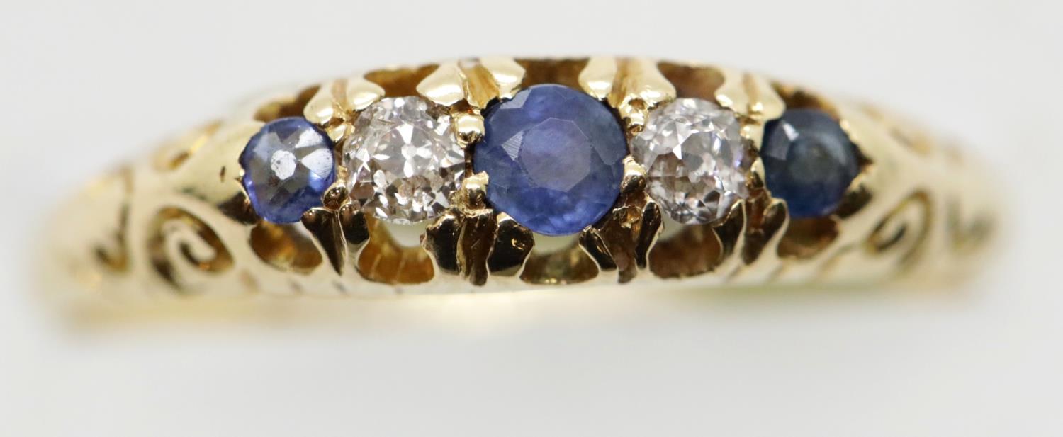 Antique 18ct yellow gold, sapphire and diamond ring, size M, 2.7g. P&P Group 1 (£14+VAT for the