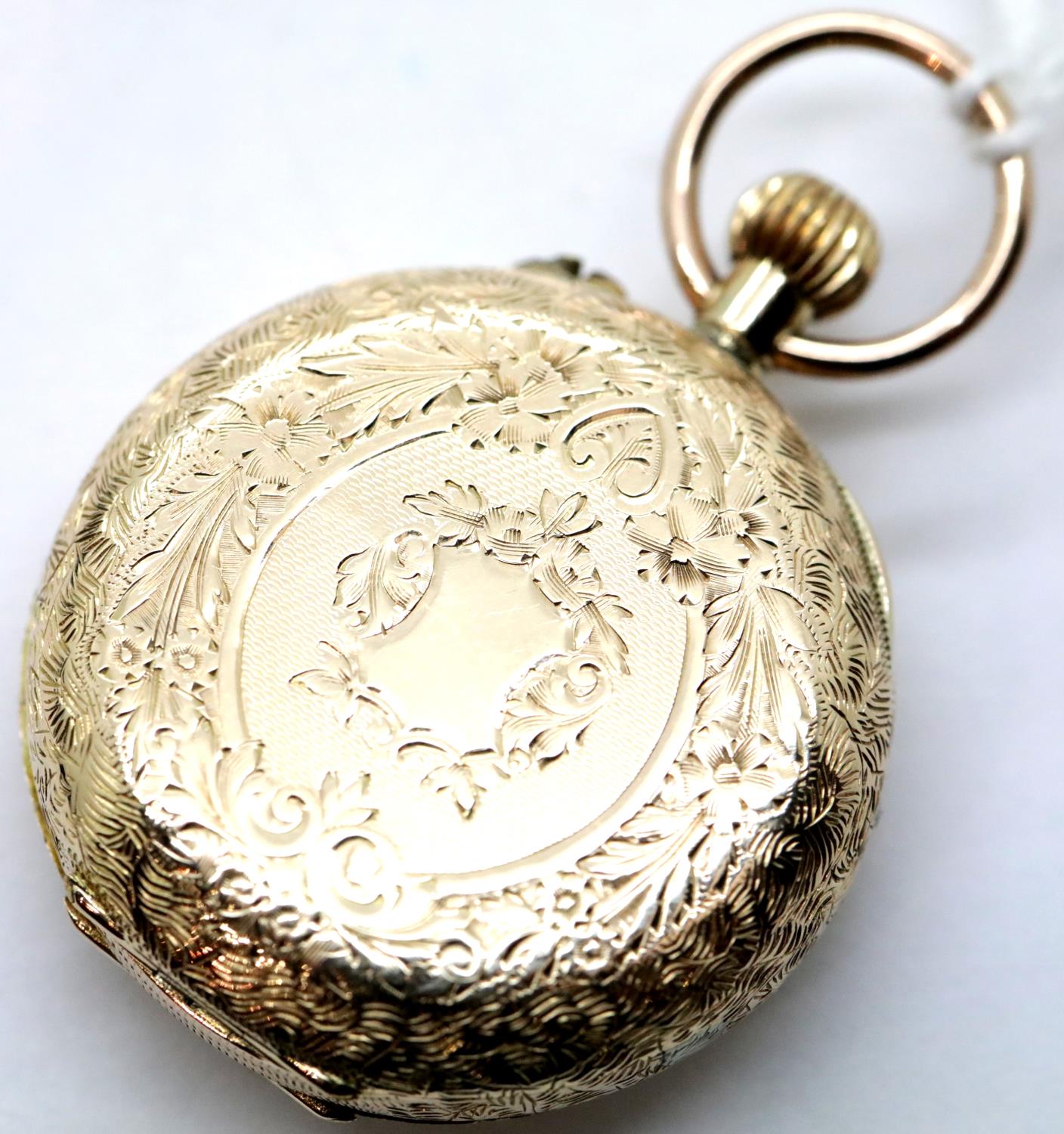 14ct yellow gold ladies fob watch inscribed name to inner cover un marked cartouche. D: 25 mm. - Image 3 of 6