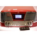 Red GPO Retro Memphis Music Centre ? three speed turntable, MP3/USB player, FM Radio with remote