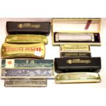 Tray of seven mixed harmonicas including Hohner and Tombo. P&P Group 2 (£18+VAT for the first lot