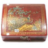 Red lacquered Chinese four bottle wine box, 45 x 40 x 15 cm. P&P Group 3 (£25+VAT for the first