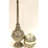 Turkish white metal water dropper and a silver circular silver pot set with turquoise cabochons. P&P