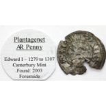 English hammered coin, Plantagenet AR penny, Edward I 1279-1307, Canterbury Mint. P&P Group 1 (£14+