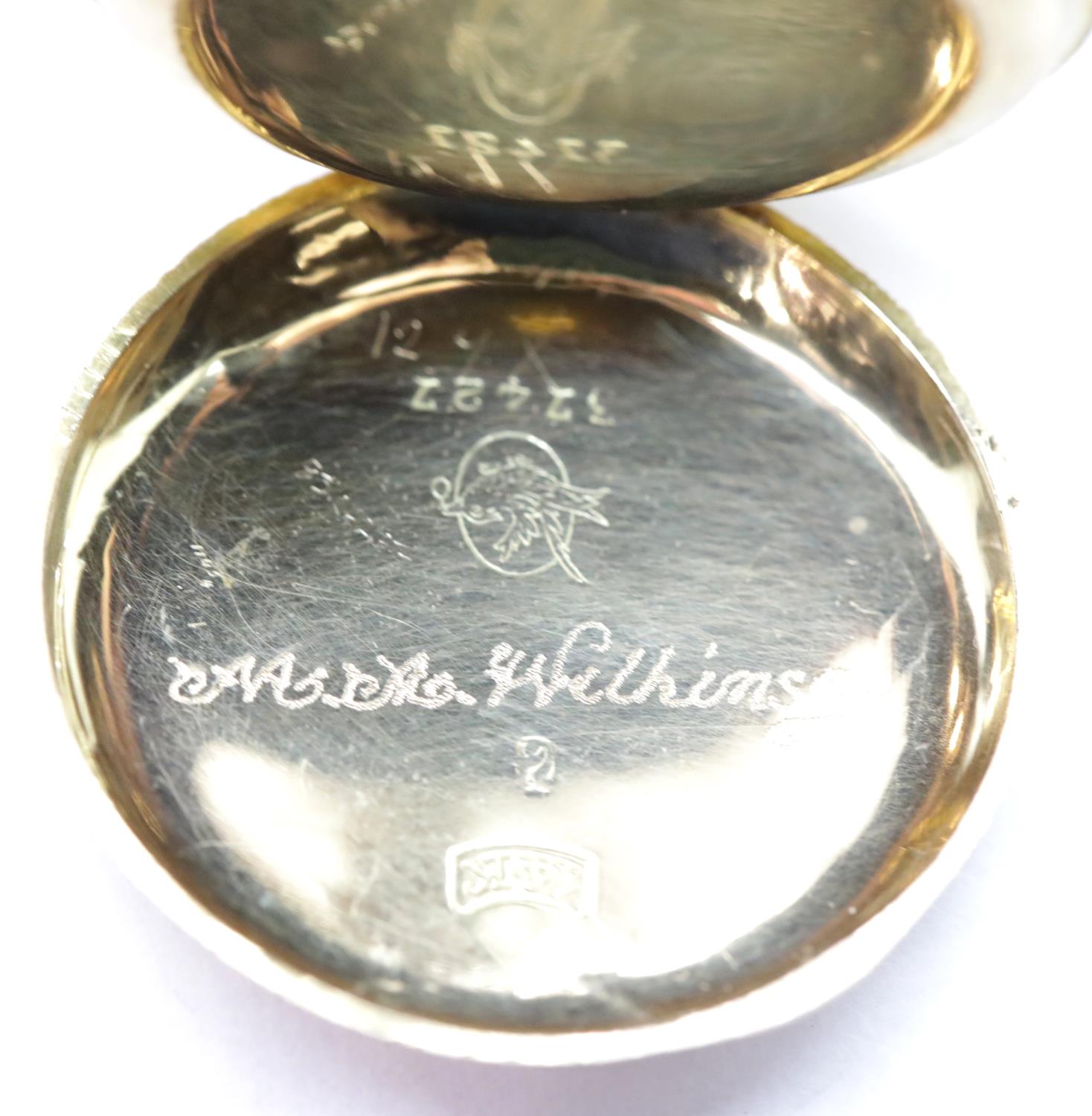 14ct yellow gold ladies fob watch inscribed name to inner cover un marked cartouche. D: 25 mm. - Image 6 of 6