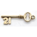 9ct gold 1970s solid key charm, L: 25 mm, 1.4g. P&P Group 1 (£14+VAT for the first lot and £1+VAT