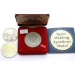 Two white metal continental coins and a boxed Royal Wedding Eyewitness medal. P&P Group 1 (£14+VAT