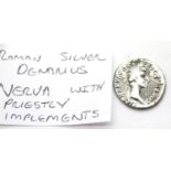 Roman silver Denarius Nerva with Priestly implements. P&P Group 1 (£14+VAT for the first lot and £