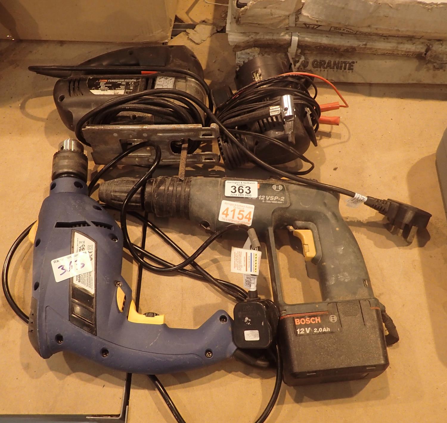 Four mixed electrical/battery items including drills and an air compressor. This lot is not