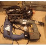 Four mixed electrical/battery items including drills and an air compressor. This lot is not