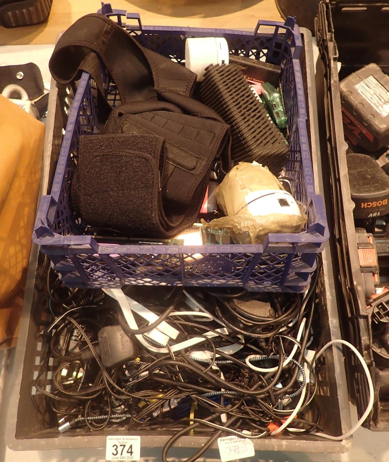 Box of electrical leads and other electrical items. This lot is not available for in-house P&P.