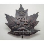 WWI style CEF cap badge 74th Toronto Battalion. P&P Group 1 (£14+VAT for the first lot and £1+VAT
